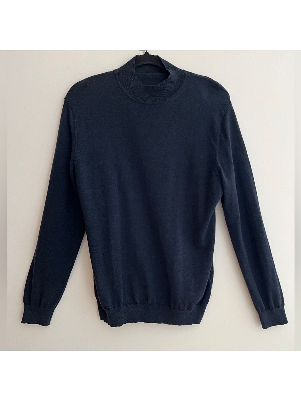 JOHN ASHFORD Italian Merino Wool Navy Blue Mock Neck Pullover Sweater Office